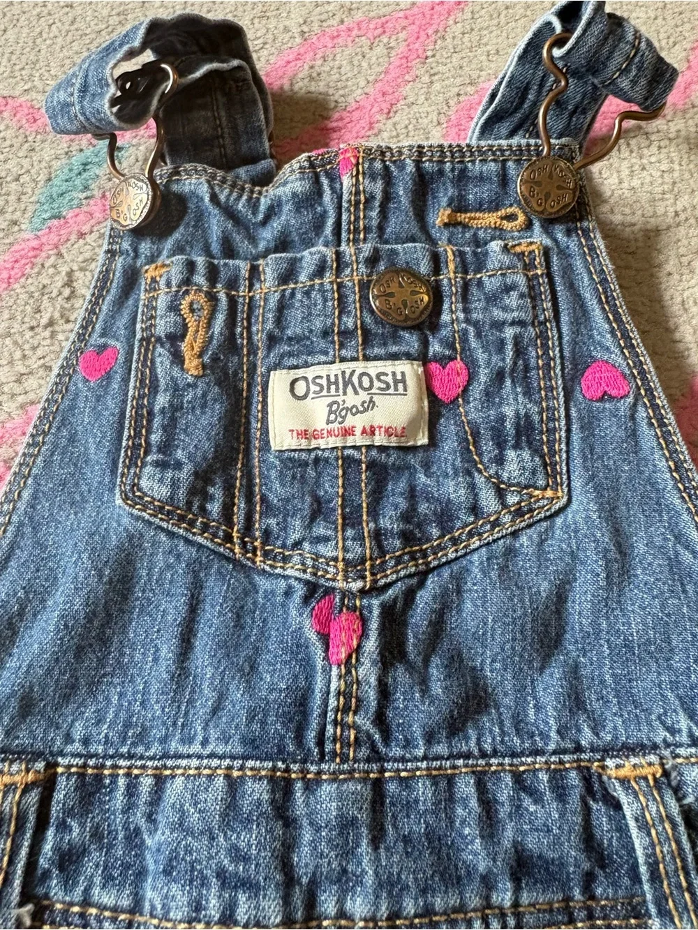 Oshkosh B’Gosh Pink Heart Embroidered Denim Overalls Todder Girls 2T